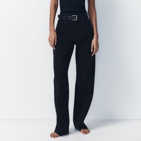 Zara Black Straight Leg Jeans Size 2 High Rise Long Length New with Tags - Picture 1 of 6